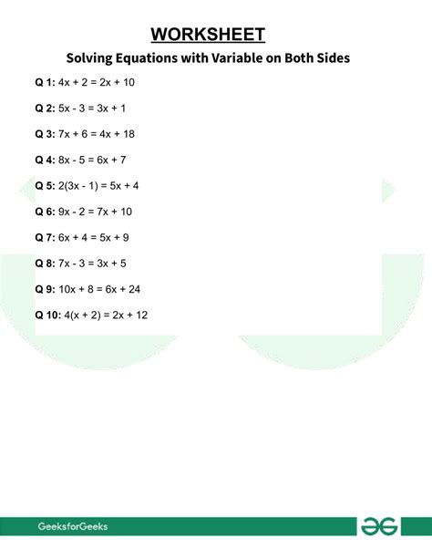 Solving with Variables on Both Sides worksheet