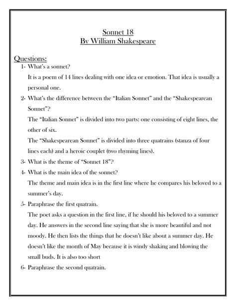 Sonnet 18 Worksheet Answers