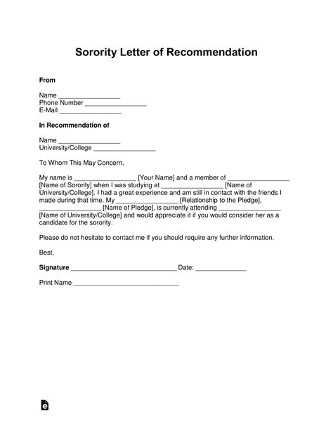 Sorority Letter of Recommendation Templates