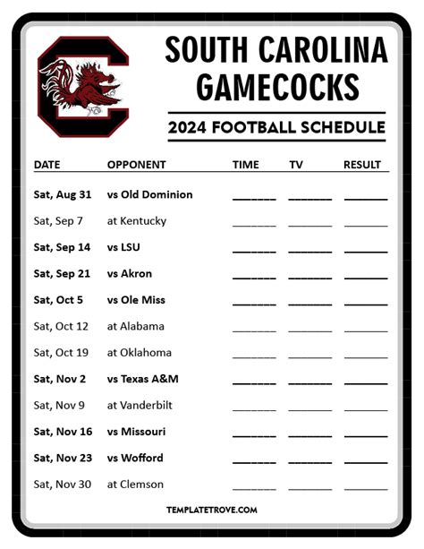 South Carolina Football Schedule 2022 Printable