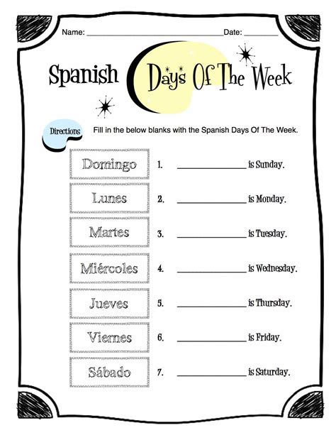 Spanish Worksheets Days Of The Week
