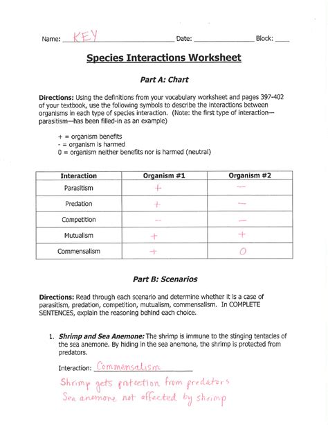 Species Interactions Worksheet Answer Key Detailed Solutions