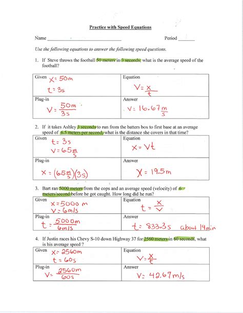 Speed and Velocity Worksheet Answer Key