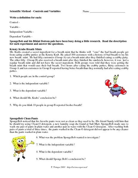Spongebob Variables Worksheet