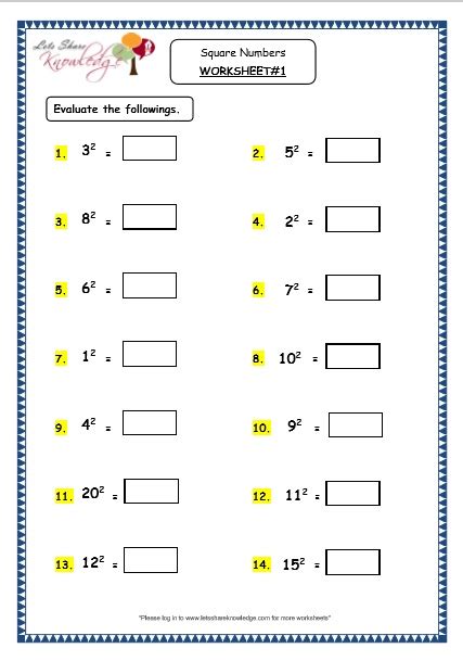 Square Numbers Worksheets