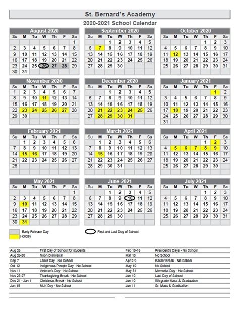 St Bernard Academy Calendar