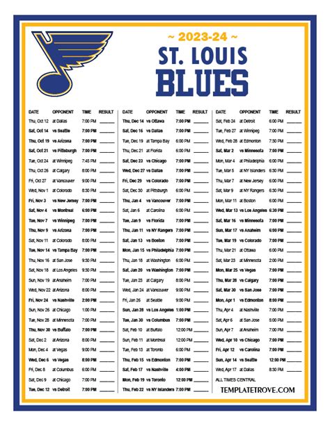 St Louis Blues Printable Schedule