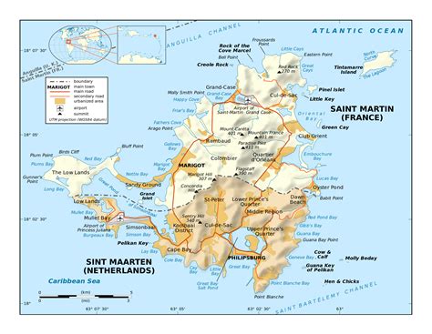 Large detailed road and physical map of St. Maarten. St. Maarten large
