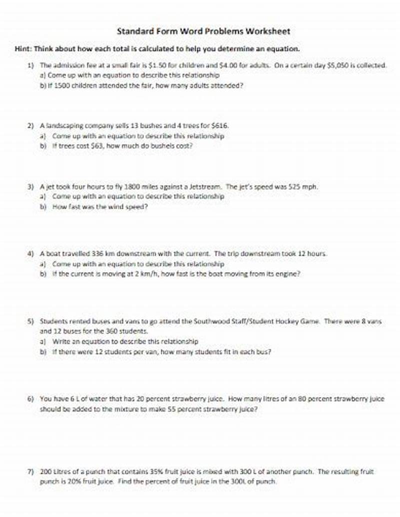 Standard Form Word Problems Worksheet Answer Key
