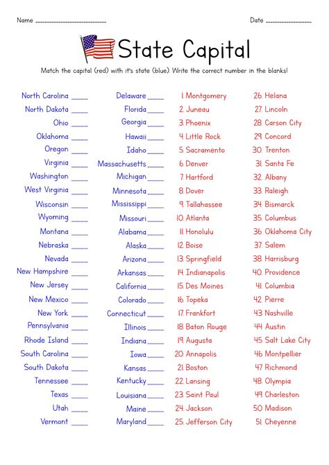 State Capitals Matching Worksheet