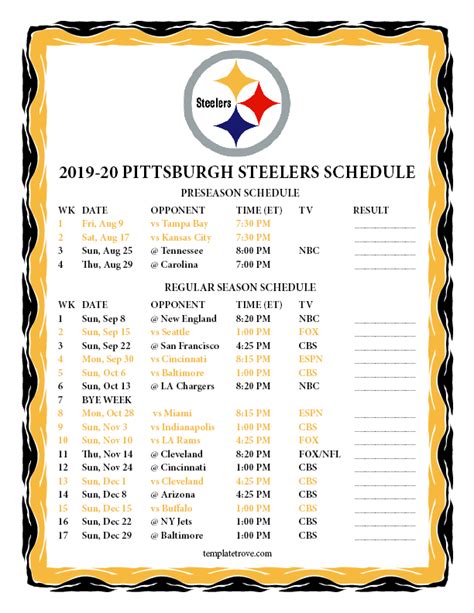 Steelers Schedule 2019 2020 Printable