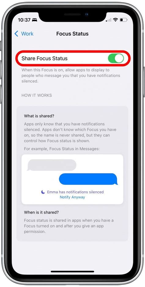 Steps to Share Focus Status with Contacts on iPhone