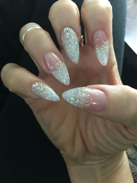 Sparkle stiletto nails. White glitter nails, Pointed nails, Dipped nails