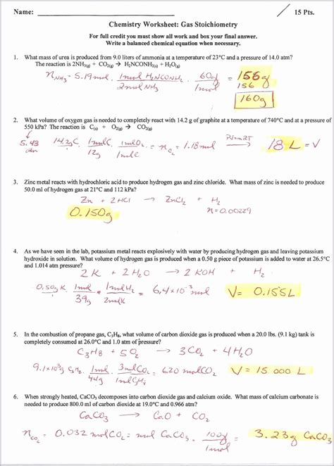 Stoichiometry Of Gases Worksheet