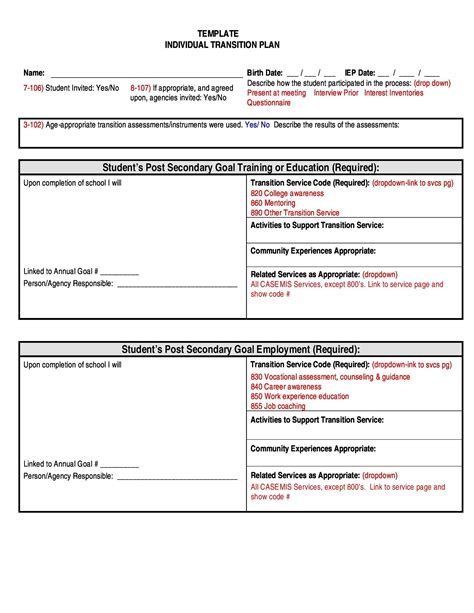Student Transition Plan Template