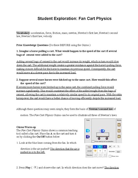 Student Exploration: Fan Cart Physics