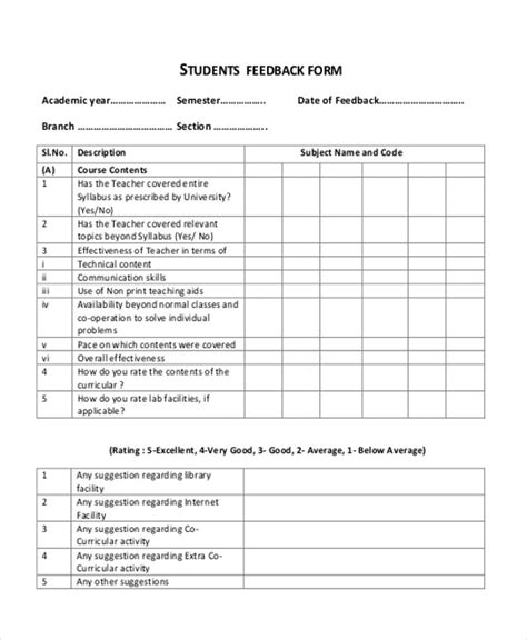 Student Feedback Form Template Word