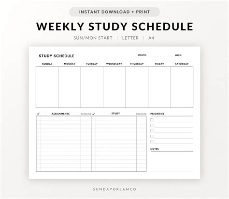 Study Schedule Design Printable