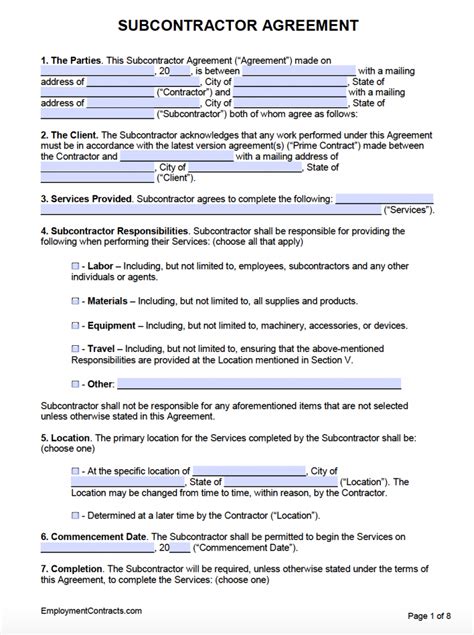 Subcontractor Contracts Templates Free