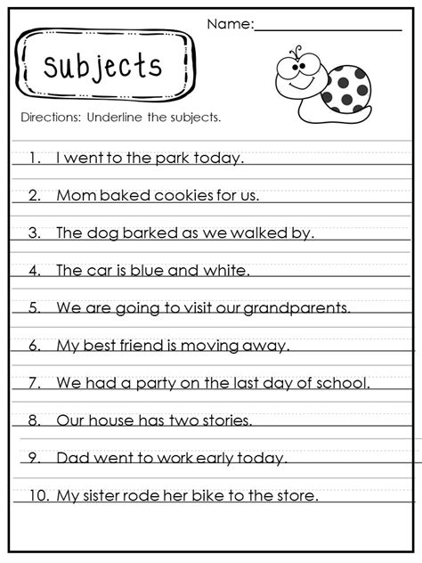 Subject In A Sentence Worksheet