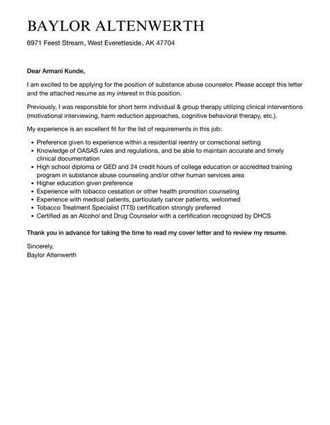 Substance Abuse Counselor Cover Letter Sample