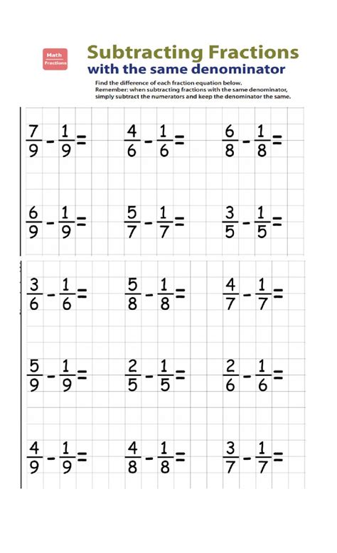 Subtracting Fractions With The Same Denominator Worksheet