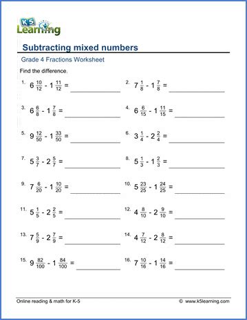 Subtracting Mixed Numbers Like Denominators Worksheet