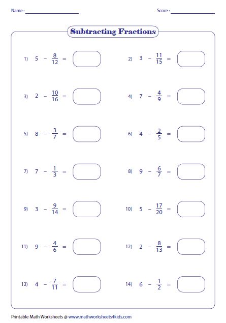 Subtracting Fractions From A Whole Number Worksheet