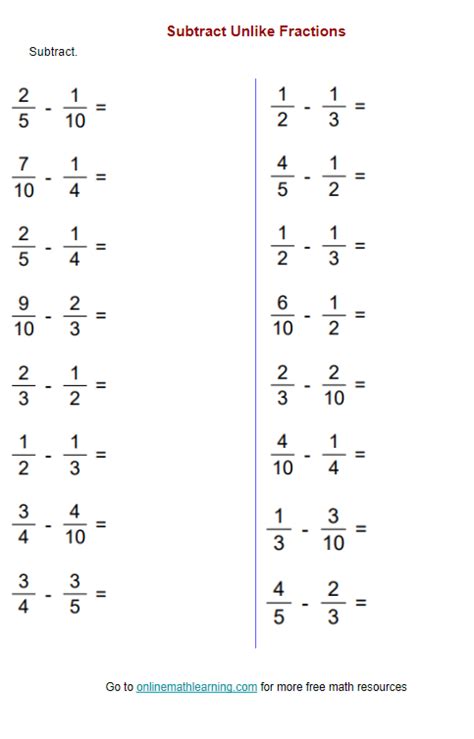 Subtracting Fractions Worksheets With Unlike Denominators