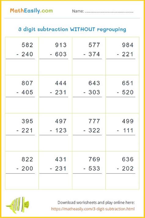 Subtraction 3 Digits Without Regrouping Worksheets