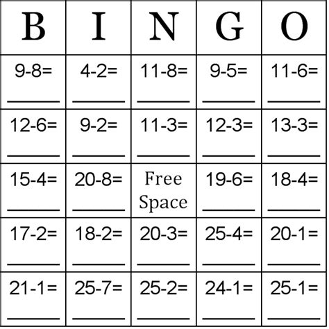 Subtraction Bingo Printable