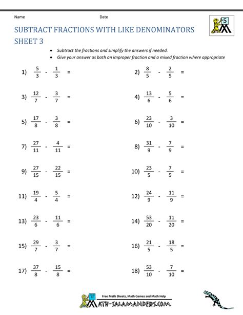 Subtraction Fractions Worksheets