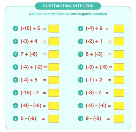 Subtraction Of Integers Worksheet