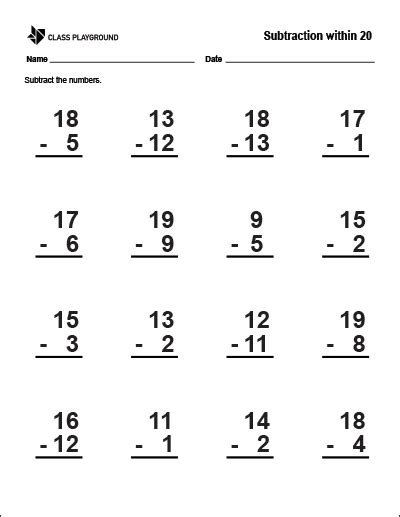 Subtraction To 20 Worksheets