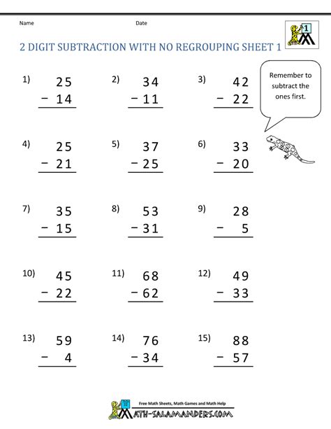 Subtraction Worksheets Without Regrouping