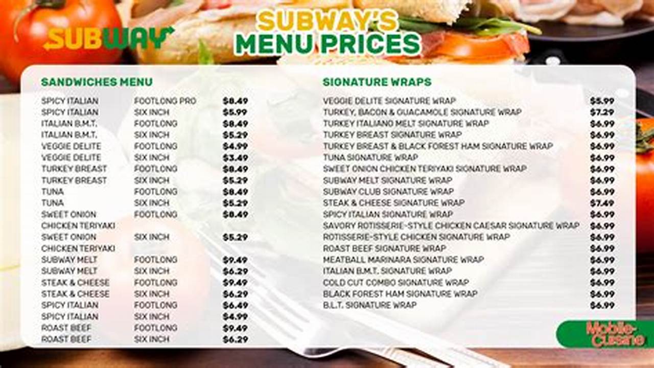 Subway Menu 2024 With Prices