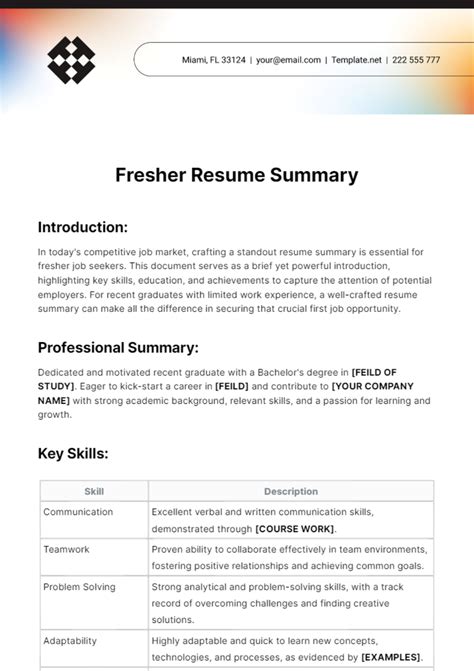Summary For Fresher Resume