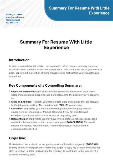 Summary For Resume With Little Experience