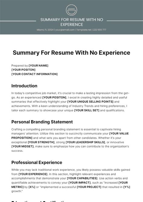 Summary For Resume With No Experience