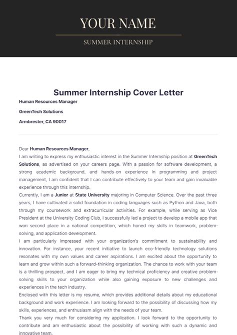 Summer Internship Sample Cover Letter For Internship