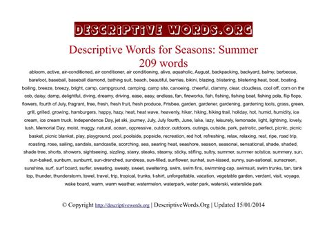 Summer Season Descriptive Words