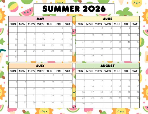Summer calendar with notes
