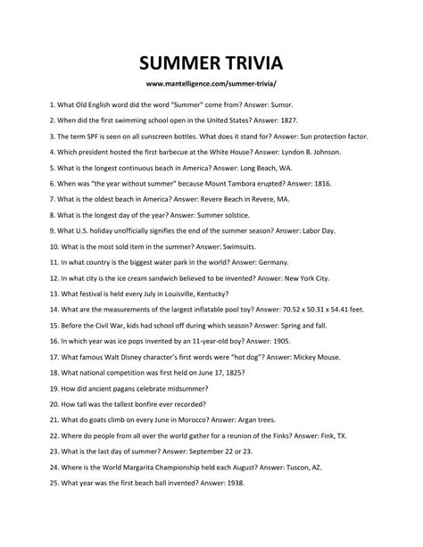 Summertime Trivia Questions And Answers Printable