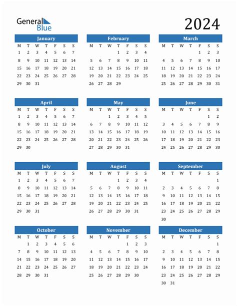 Printable Calendar 2024 Starting Monday One Year Calendar Template