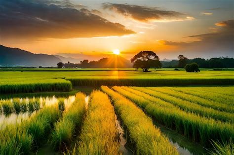 Sunset Over Rice Field