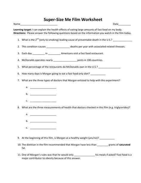Super Size Me Movie Worksheet Answers