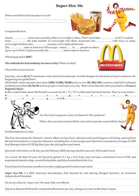Super Size Me Worksheet Answers