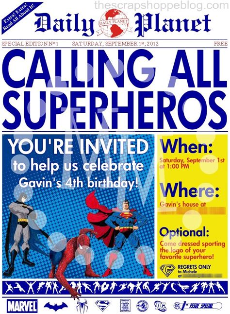 Superhero/Newspaper Birthday Invite With or Without Word Sear