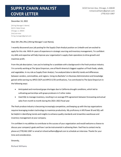Supply Chain Analyst Cover Letter Sample
