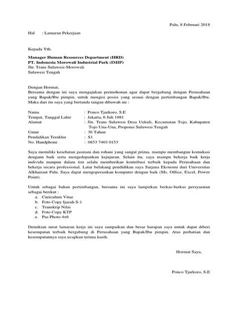 Surat Lamaran Kerja PT IMIP in Indonesia
